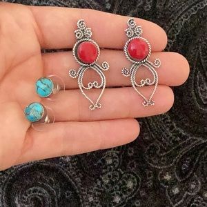 Bali filigree earrings with genuine turquoise and coral  Stamped